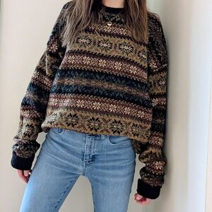 Vintage L.L. Bean Fair Isle Geometric Textured Wool Sweater In Black/Tan
